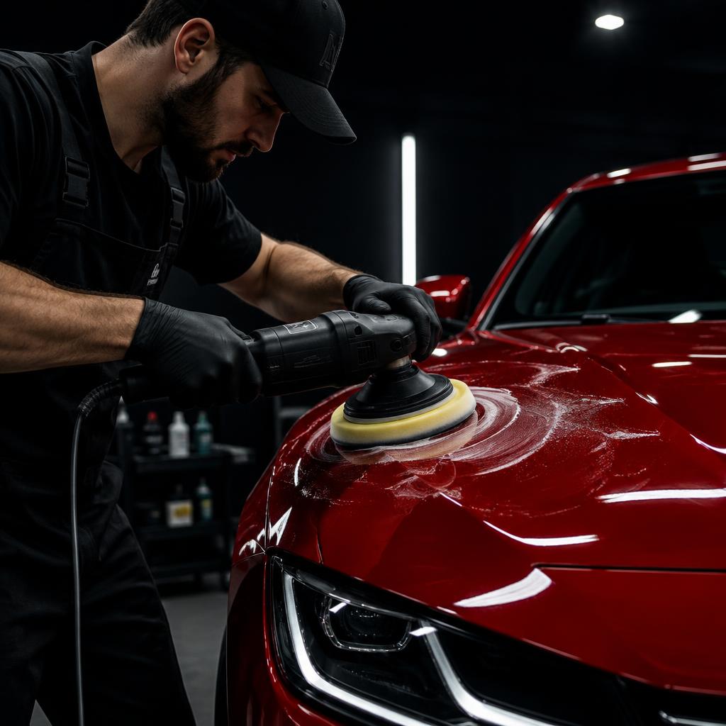Detailer machine polishing a red car